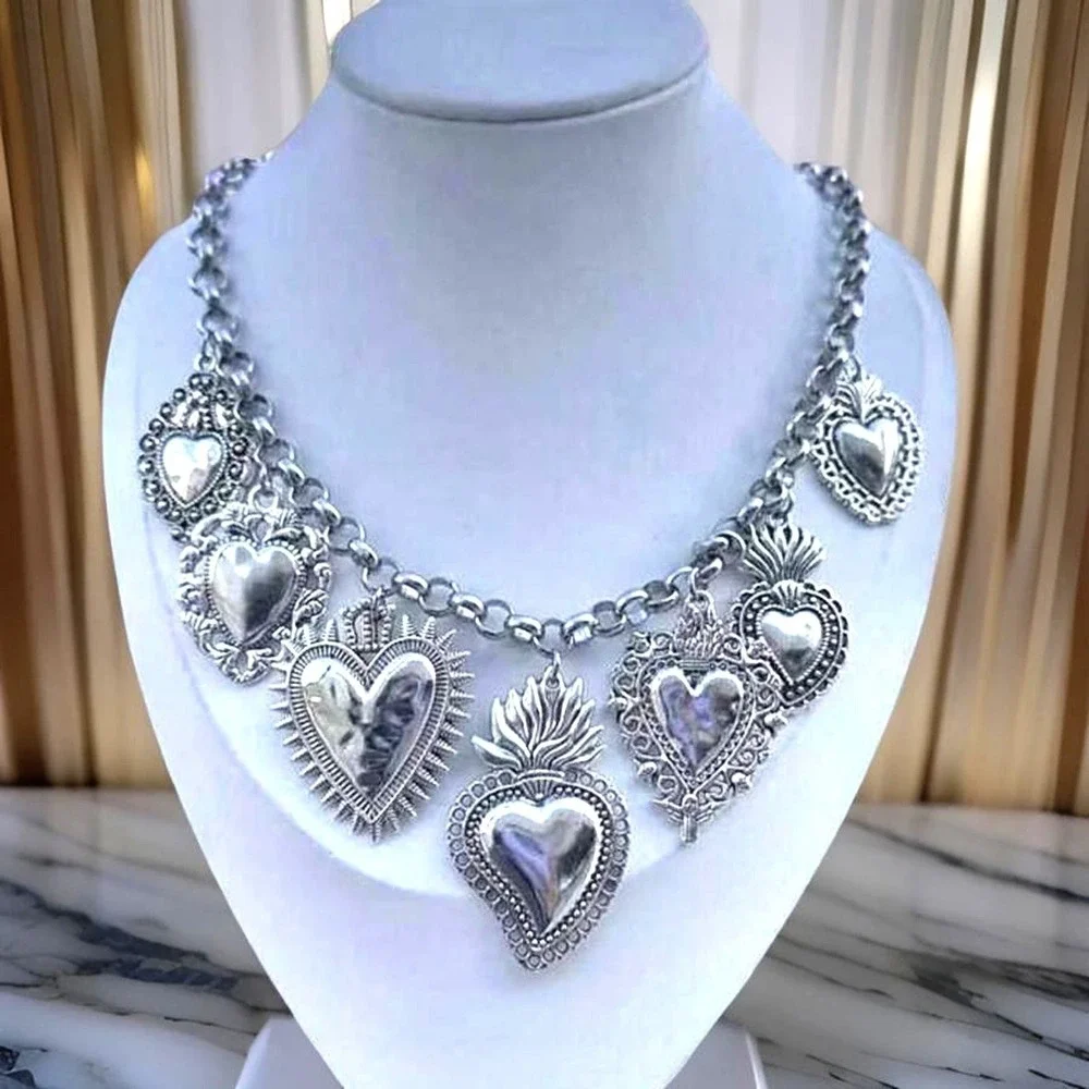 New Silver Corazon Sagrado Sacred Heart Charm Necklace Chunky Religious Spanish